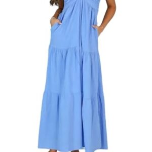 Amysister Women's Casual Summer Sleeveless Halter Tiered Midi Vacation Dress with Pockets Azure S -