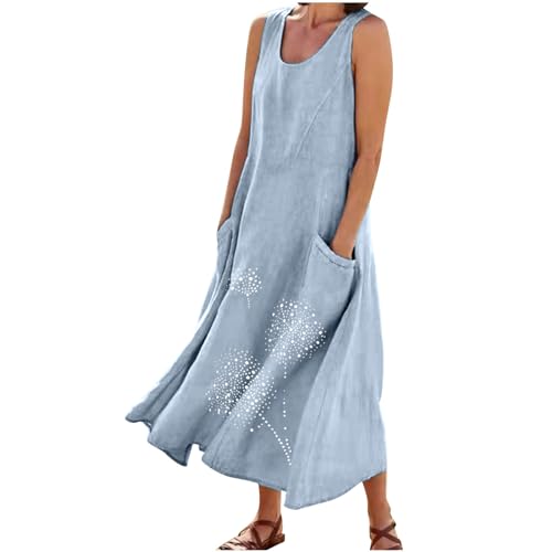 NaRHbrg Women's Sleeveless Linen Dress Casual Loose Fit Summer Maxi Dress with Pockets Boho Flowy Sundress Blue -