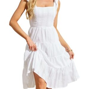 Beautiful Nomad Women's Summer Dress Boho Spaghetti Tie Straps Square Neck Sundress Flowy Ruffle Beach Midi Dresses with Pockets White -