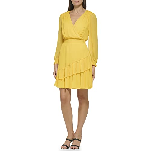 DKNY Women's Long Sleeve Tiered Ruffle Smocked Waist Mini Dress, Golden Spice, 10 -