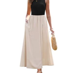 Zattcas Summer Dresses for Women 2025 Sleeveless Tank Top Patchwork Knit Crew Neck A Line Flowy Modest Business Casual Work Teacher Church Long Maxi Dress with Pockets Black Apricot XXL -