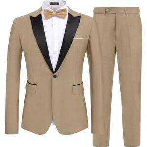 COOFANDY Men's 2 Piece Suits Set Regular Fit Casual Business Tux Jacket and Trousers Khaki -
