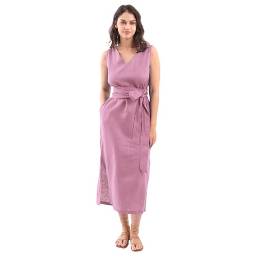 Amazhiyu Womens 100% Linen Summer Sleeveless V-Neck Midi Dresses with Pockets Pink, XX-Large -