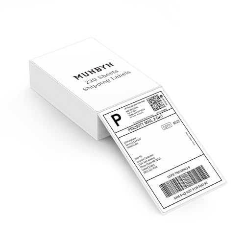 MUNBYN 4"x6" Direct Thermal Shipping Labels, Commercial Grade Permanent Adhesive Fanfold Mailing Postage Label Paper for Thermal Printers and Packages, 220 Sheets per Stack -