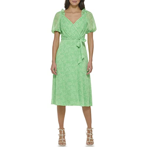 DKNY Women's Chiffon 3/4 Balloon Sleeve V-Neck Tie Waist Faux Wrap Midi Dress, Green Multi, 10 -