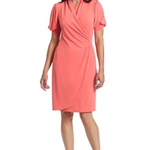 London Times Women's Shirred Flounce Puff Sleeve Faux Wrap Dress, Dubarry Coral -
