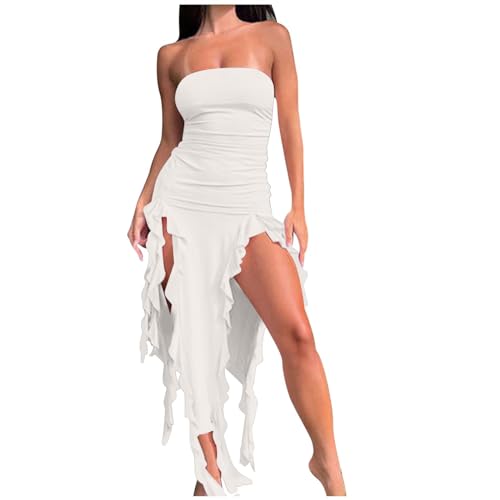 Women's Bodycon Tube Dress Sexy Strapless Y2K Ruffle Split Midi Dresses Irregular Hem Flowy Summer Party Sundress, White Small -