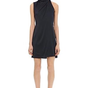 Donna Morgan Women's Sleek and Sophisticated Pleat Tuck Detail Mock Neck Charmeuse Dress Event Occasion Guest of, Twilight Navy -