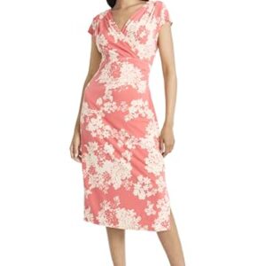 Maggy London Floral Midi Dress with V-Neck and Cap Sleeves-Elegant Summer Casual Wear for Women, Coral/Ivory -