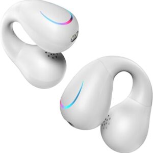 SHIJIAET Open Ear Bone Conduction Headphones Bluetooth 5.3 Wireless Open Clip Ear Earbuds Built-in Mic with Ear Hooks 60 Hours Playtime Sport Earphones IPX7 Waterproof for Fitness Running （White） -