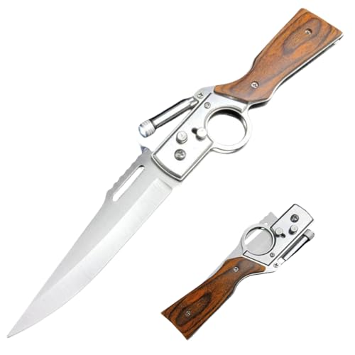 geegift AK47 Pocket Knife,9“ Pocket Folding Knife, EDC Knife for Camping Hunting Survival Indoor and Outdoor, with light, wooden handle -