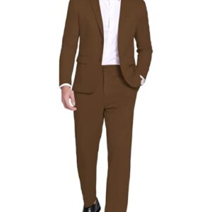 COOFANDY Men's Suits 2 Piece Slim Fit Suit Set 2 Button Lightweight Casual Knit Blazer Suit Jacket Pants Brown -