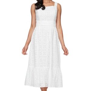 S.L. Fashions Women's Tea Length Cotton Eyelet Elegant Casual Spring/Summer Dress with Ruched Waist and Flounce Detail Hem, Ivory -