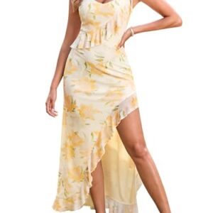 HTZMO Women Summer Floral Sexy V Neck Slit Maxi Dress Halter Tie Ruffle Flowy Casual Boho Beach Party Long Dresses Yellow M -
