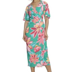 Maggy London Floral Midi Summer Women with Faux-Wrap Bodice and V-Neckline, Wedding Guest Dress, Green/Coral -