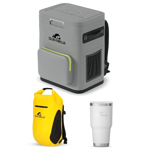 SUN NINJA Cooler Backpack Bundle with Waterproof Roll-Top Dry Bag and 30oz Tumbler, Insulated Leakproof Design Keeps 36 Cans Cold for 48 Hours, Comfortable Padded Straps for Outdoor Adventures -
