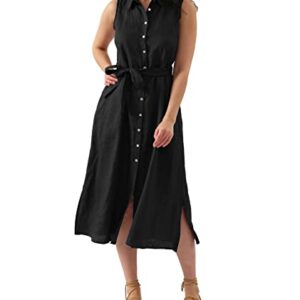 Amazhiyu Womens Pure Linen Summer Button Down Midi Dresses with Pockets and Belt Black, Small -