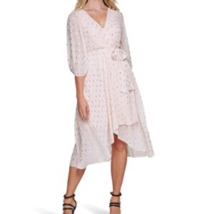 DKNY V-Neck Faux Wrap Dress with Balloon Sleeve Powder 8 -