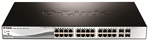 D-Link PoE+ Switch, 24 28 Port Fast Ethernet Managed Web Smart 2 Gigabit BASE-T and 2 Gigabit Combo BASE-T/SFP Ports (DES-1210-28P),Black / White -