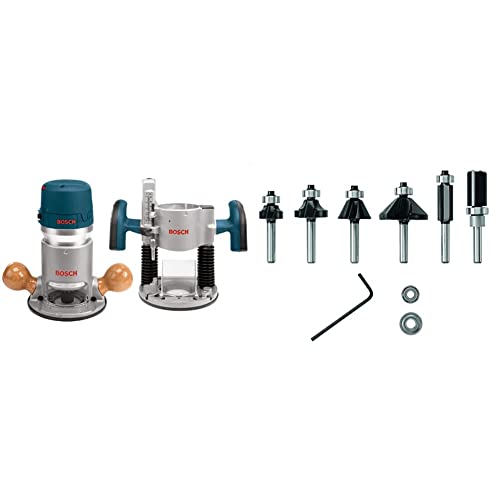 BOSCH 1617EVSPK Wood 12 Amp Router Tool Combo Kit - 2.25 Horsepower Plunge Router & Fixed Base with a Variable Speed&BOSCH 6 pc. Carbide-Tipped Trim and Edging Router Bit Set -