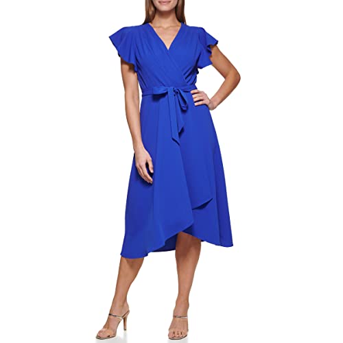 DKNY Women's Flutter Sleeve Faux Wrap Dress, Floral Iris, 4 -