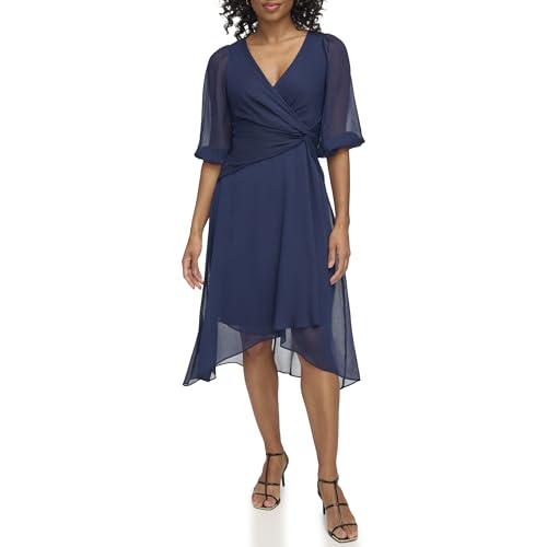 DKNY Women's Balloon Half Sleeve Faux Wrap Midi Dress, Midnight Navy, 4 -