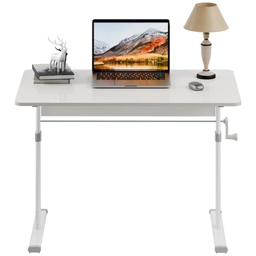 Lifting Computer Desk,PC Table Hand Crank Standing Desk Adjustable Height Students Study Writing Desk Anti-deformed Manual Desk with Rounded Corner Spacious Desktop for Bedroom Home Office White 100 -