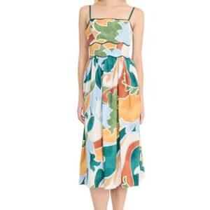 Donna Morgan Women's Square Neck Spaghetti Strap Cotton Poplin Midi Floral Print Summer Wedding Guest A Line Dress, Pastel Blue/Deep Emerald -