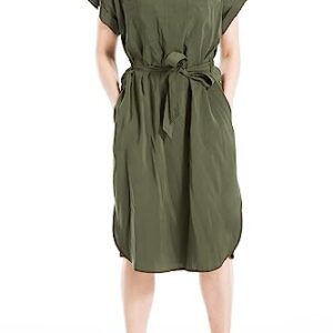Max Studio Women's Short Sleeve Collared Neck Dress with Waist Tie Detail, Olive -