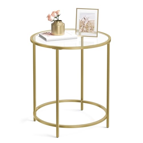 VASAGLE Round Side Table, Glass End Table with Metal Frame, Gold Coffee Table with Modern Style, for Living Room, Balcony, Bedroom, Gold Color -