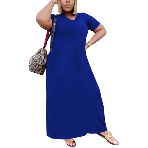 Tycorwd Women's Casual Maxi Dresses Summer Short Sleeve Loose Beach Dress Sundress Royal blue-3XL -