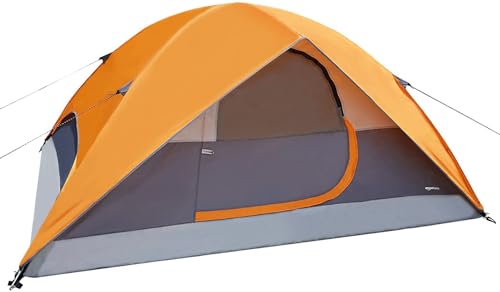 Amazon Basics 4-Person Camping Tent, 3-Season Dome Design with Rainfly, Orange/Grey -