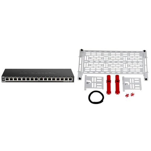 D-Link Ethernet Switch, 16 Port Gigabit Slim Switch Plug and Play, Unmanaged, Metal Housing, Quiet Fanless Design & On-Q AC1050-EMK Mounting Plate, White/Red -