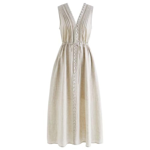 CHICWISH Women V Neck Sleeveless Midi Long Dress Casual Button Beach Summer Vacation Linen Midi Dress with Side Pockets -