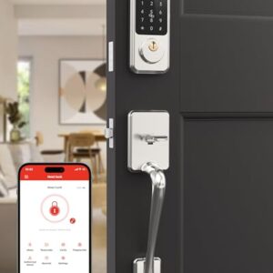 Smart Deadbolt Keypad Lock, Hornbill Smart Front Keyless Entry Door Lock with Handles, Alexa Front Door Handle Set, Bluetooth Digital Lock, Painted Silver -