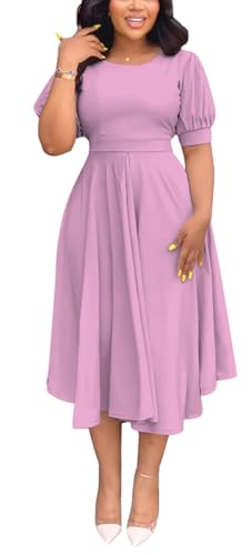 Light Purple Formal Dress for Women Semi-Formal Fit Casual Slim Short Puff Sleeve O-Neck Elegant Swing A Line Maxi Dresses -