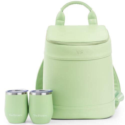 Insulated Cooler Backpack with 2 Stainless Steel Wine Tumblers – Leakproof & Spillproof Stylish Vegan Leather Picnic Cooler Bag – Lightweight & Portable – Holds 24 Cans or 6 Wine Bottles (Green) -