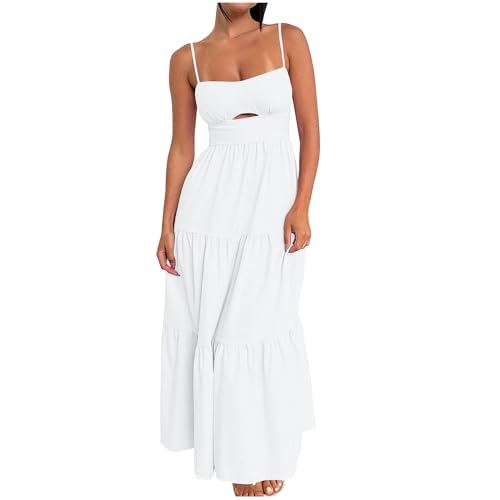 NaRHbrg Women's Spaghetti Strap Maxi Dress Cutout High Waist Tiered Flowy Summer Beach Sundress Casual Long Dresses White -