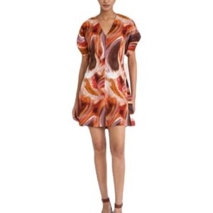 Luxely For Maggy London Women's Abstract Pattern V-Neck Mini Short Dolman Sleeves-Versatile Summer Cocktail Dress, Cinabar/Dusk Orchid -