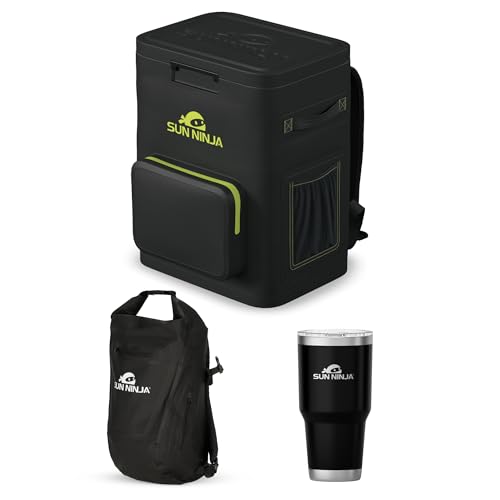 SUN NINJA Cooler Backpack Bundle with Waterproof Roll-Top Dry Bag and 30oz Tumbler, Insulated Leakproof Design Keeps 36 Cans Cold for 48 Hours, Comfortable Padded Straps for Outdoor Adventures -