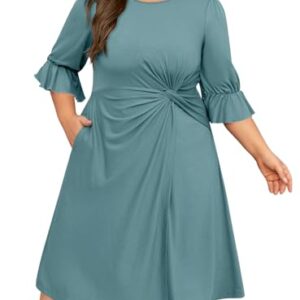 Manllenshie Women's Plus Size Dresses Casual 3/4 Ruffle Sleeve Crew Neck Twist Knot Wrap Patchwork Slit Hem Dress with Pocket (Cyan,XL) -