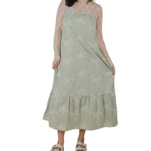 Palm Tree Embroidered Boho Maxi Dress for Women, Summer Sleeveless Midi Dress with Rope Straps, Side Pockets and Back Tie (US, Alpha, Large, Regular, Regular, SAGE) -