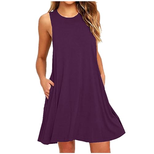VOGFFR Mini Dresses for Women Summer Sleeveless Beach Dresses Crew Neck Flowy Dress Fashion Mini Dress with Pockets 2025 -