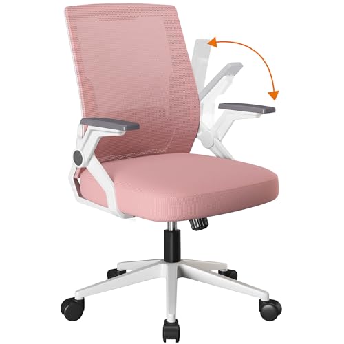 COMHOMA Office Chair with Flip-up Armrests Ergonomic Computer Desk Chair with Adaptive Lumbar Support, Breathable Mesh Swivel Tilt Task Study Chair with Wheels for Home, Bedroom, Pink -