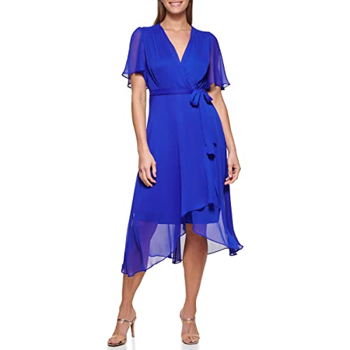 DKNY Women's Double Ruffle Sleeve Asymmetrical Hem Faux Wrap Dress, Iris, 12 -