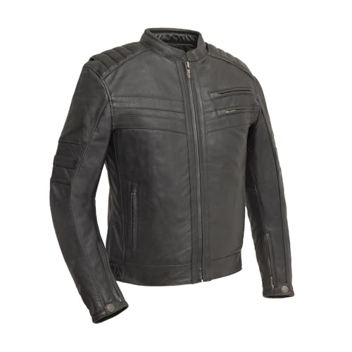 First Mfg Co - BiTurbo - Men's Motorcycle Biker Riding Black Leather Jacket With Stand Collar and two Inside Pockets -