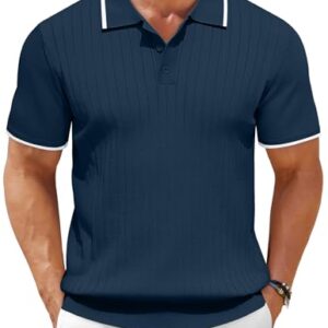 COOFANDY Mens Knit Polo Shirts Casual Collared Shirts Short Sleeve Ribbed Knit T Shirts Summer Golf Shirts Navy Blue-White -