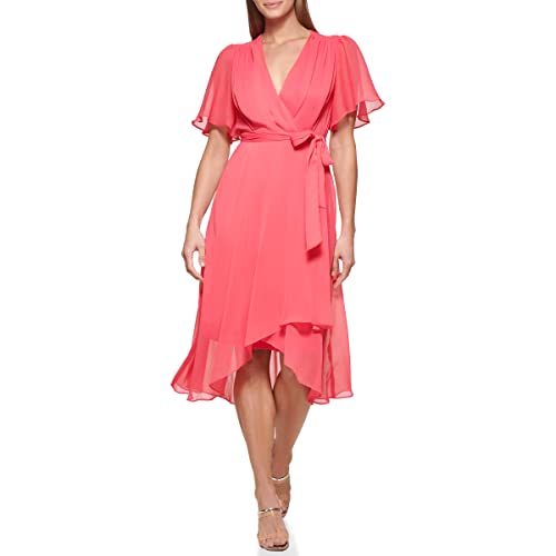 DKNY Women's Double Ruffle Sleeve Asymmetrical Hem Faux Wrap Dress, Punch, 6 -