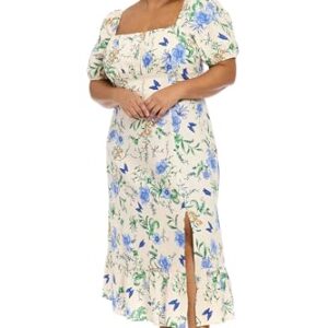 bestmobilephonecases Petite Women's Linen Rayon Square Neck Puff Sleeve Empire Waist Midi Length Side Slit Summer Floral Dress, Cream/Denim Blue -