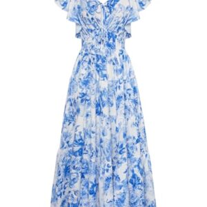 GRACE KARIN Womens 2025 Floral White Blue Flower Summer V-Neck Ruffle Sleeve Empire Waist A-Line Casual Maxi Tiered Dress with Pockets L -